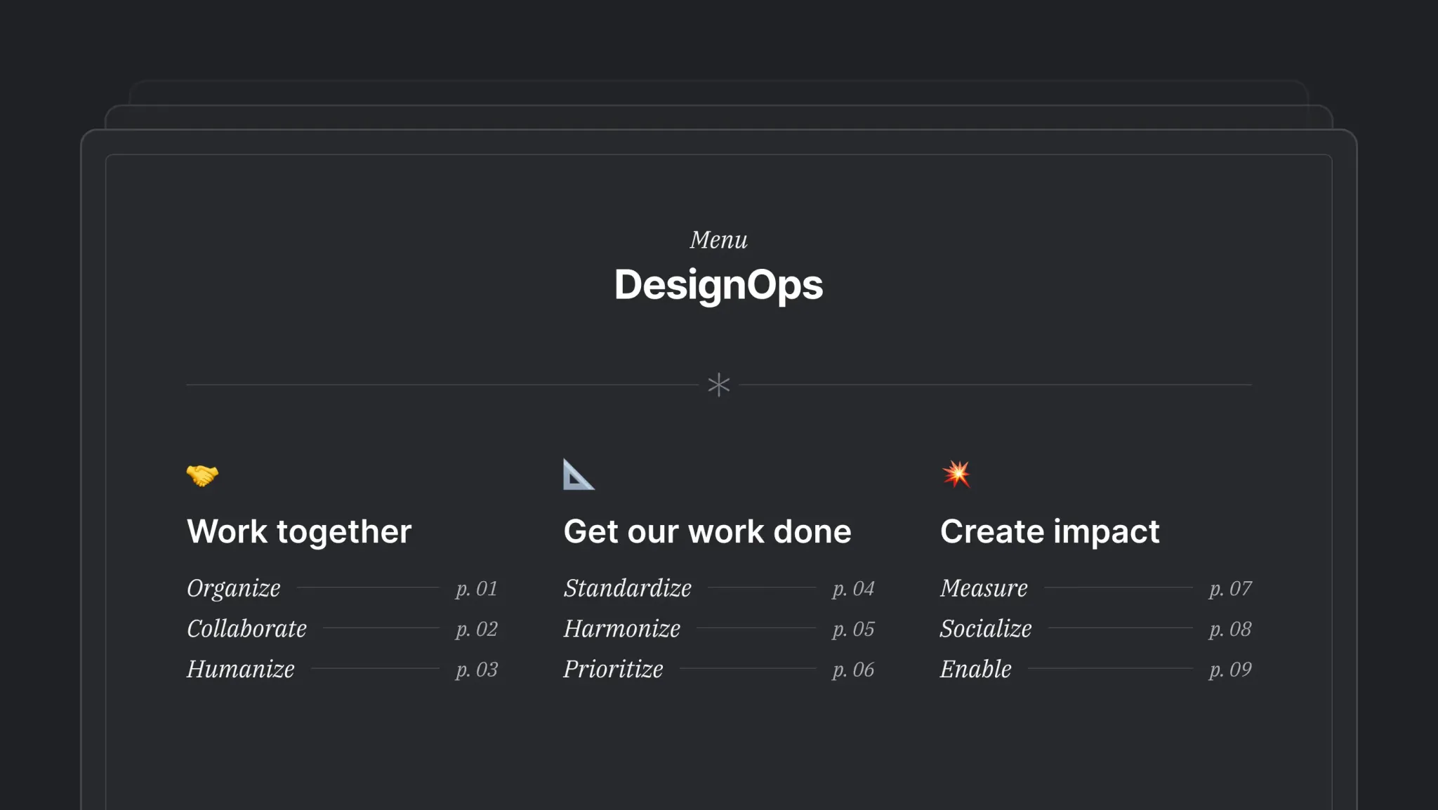 The DesignOps menu shows how DesignOps tackles how we work together, how we get our work done and how our work creates impact.